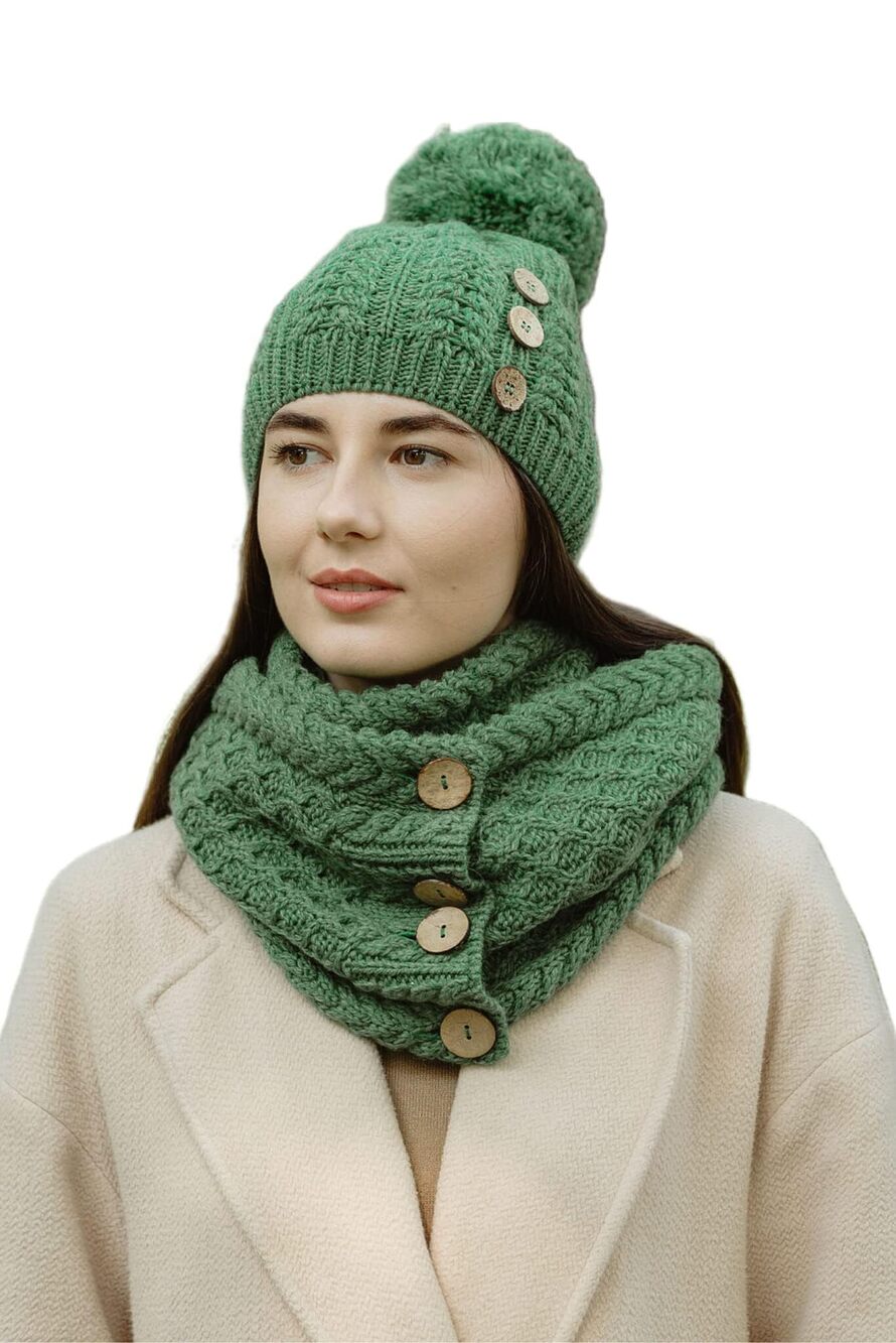 2103 100% Merino Wool Button Pom-Pom Hat Made in Ireland One Size,Green